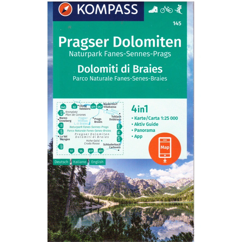 Kompas 145 Pragser Dolomiten, Naturpark Fanes-Sennes-Prags  25 000