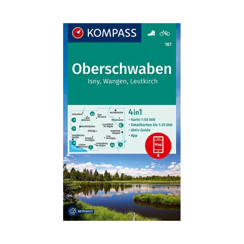 Kompas 187 Oberschwaben, Isny, Wangen, Leutkirch 50 000 turisticka mapa